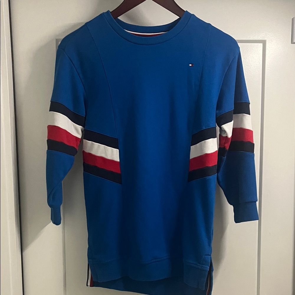 Girls Tommy Hilfiger Blue Long Pullover with Red, Navy, and White Accents
